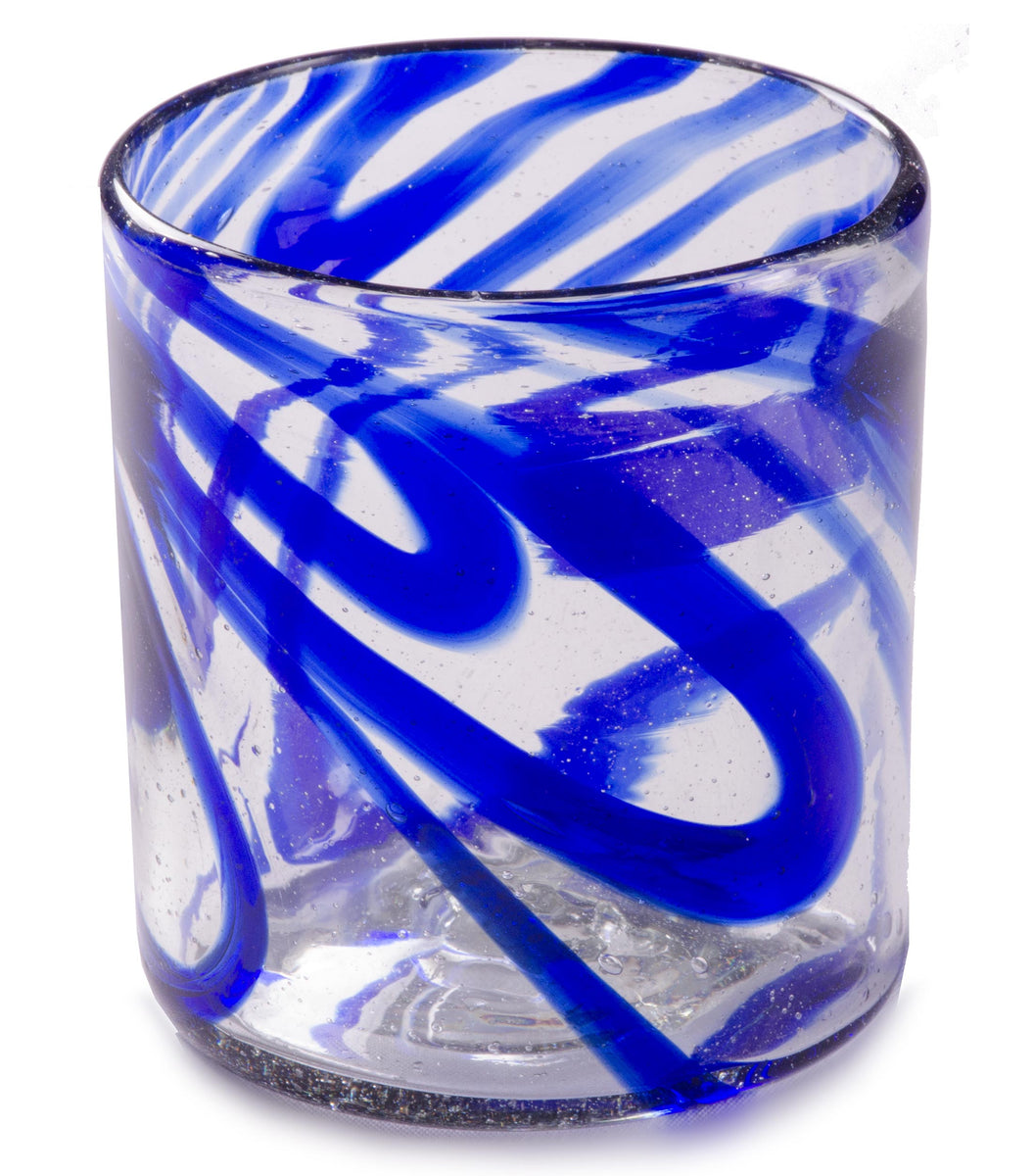 Six Blue Swirl Hand Blown 11 oz High Ball Glasses - Sapphire Swirl