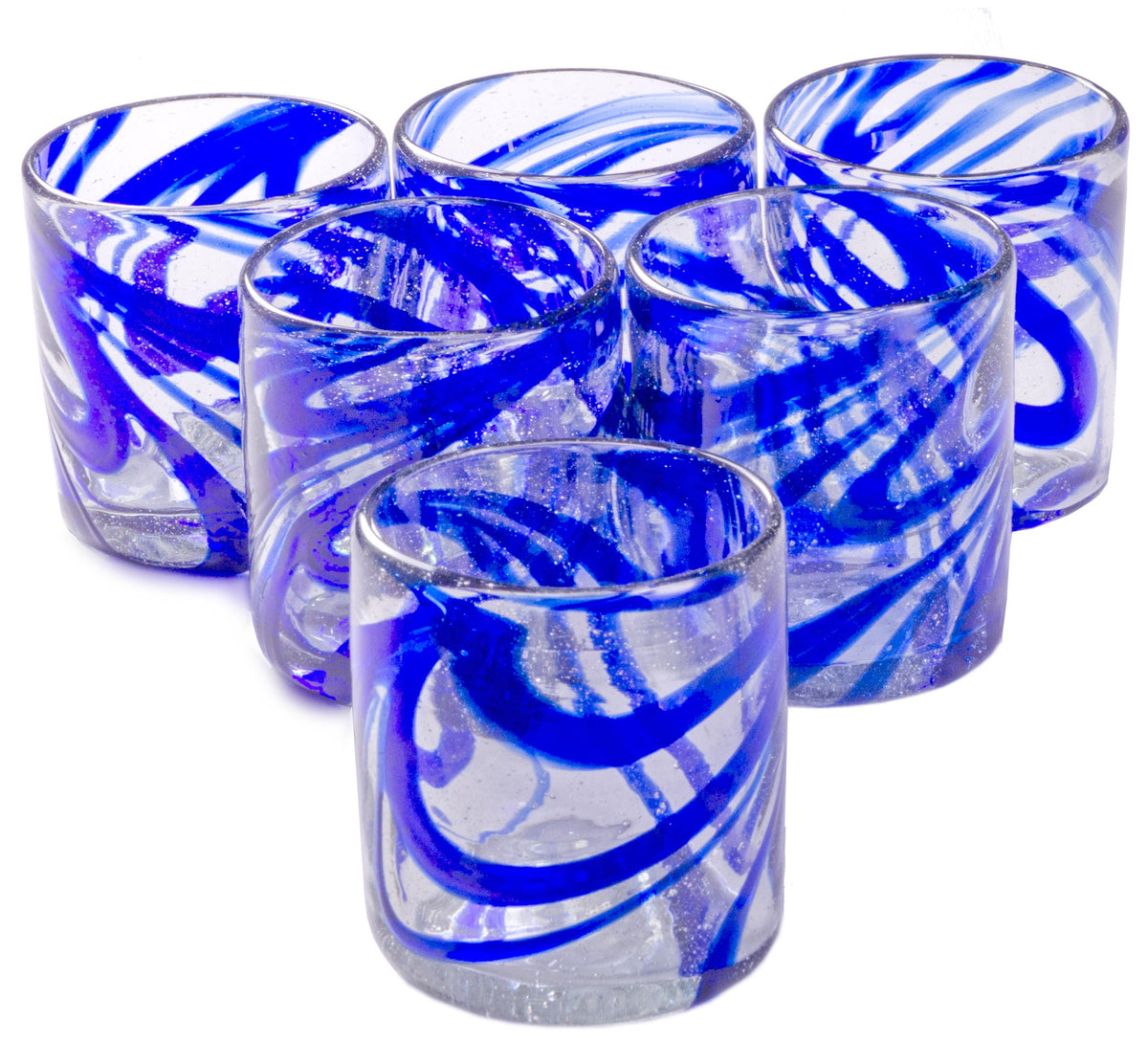 Six Blue Swirl Hand Blown 11 oz High Ball Glasses - Sapphire Swirl