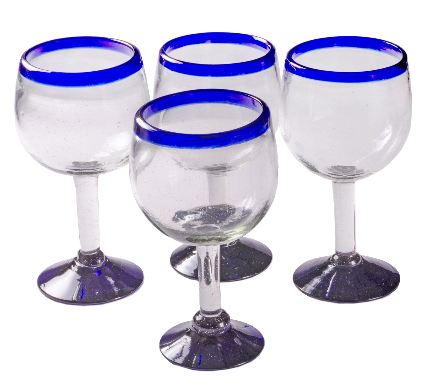 Hand Blown Mexican Stemless Wine Glasses - Set of 6 Glasses with Cobalt  Blue Rims 15 oz 